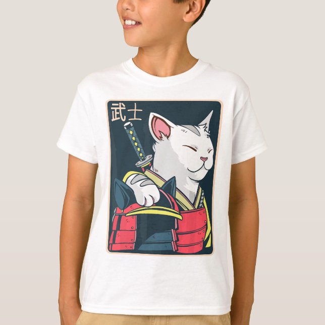 Camiseta Catzilla - Arte de gato japonés - Espada Katana -  (Anverso)