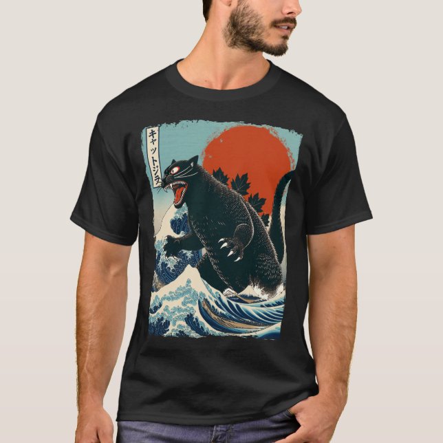 Camiseta Catzilla Arte Japonés Gracioso Gato Corto Gatito G (Anverso)