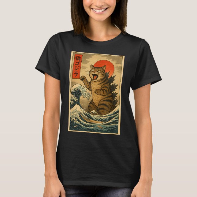Camiseta Catzilla Cat Japanese Art Funny Cat For Men Women  (Anverso)
