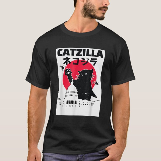 Camiseta Catzilla Ciudad del atardecer de gato japonés retr (Anverso)