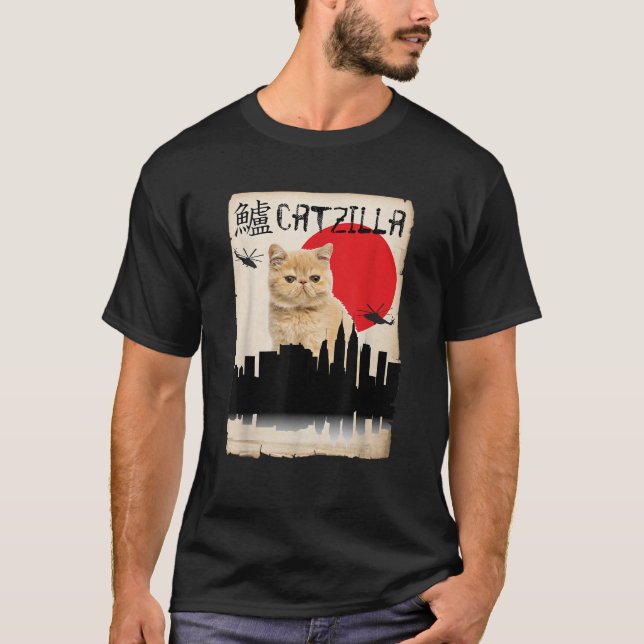 Camiseta Catzilla del gato, naranja de Shorthair exótico (Anverso)
