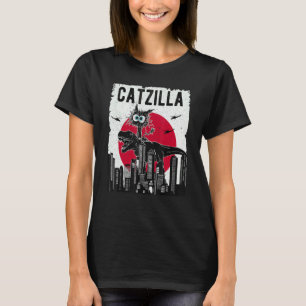 Camiseta Catzilla Divertido Retro Gato Gatito Montando Aman