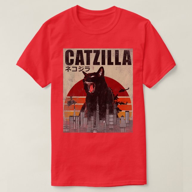Camiseta Catzilla Funny Cat Sunset Japonés (Diseño del anverso)