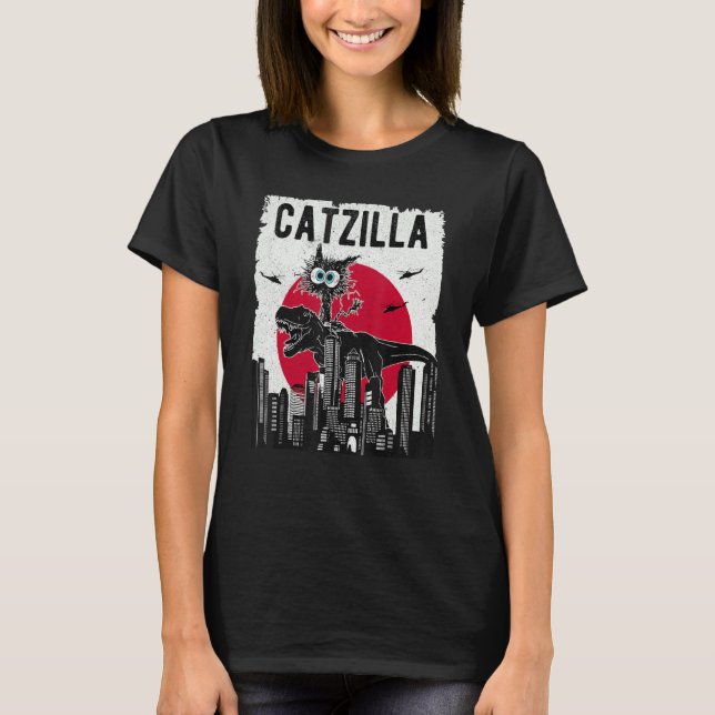 Camiseta Catzilla Funny Retro Cat Kitten Riding T.Rex Lover (Anverso)