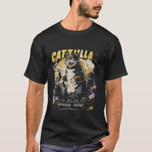 Camiseta Catzilla Gato Arte Japonés Gato Divertido Para Hom