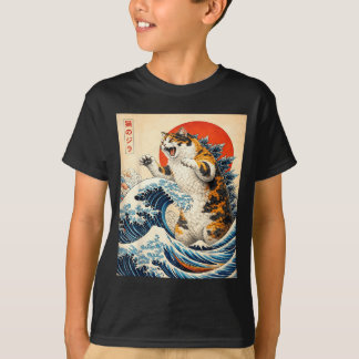 Camiseta Catzilla Gato Arte Japonés Gato Divertido para Hom