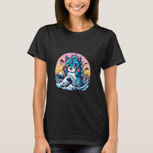 Camiseta Catzilla Gato Gatito Japón Gran Ola Para Hombres M