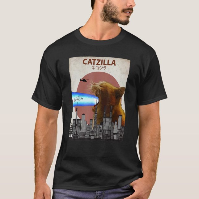 Camiseta Catzilla Giant Cat with Mouth Lasers Japanese Funn (Anverso)