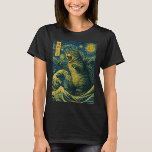 Camiseta Catzilla Gracioso gato Ola nocturna estrellada de 