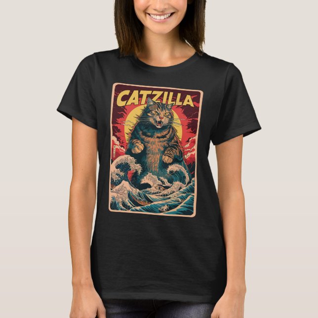 Camiseta Catzilla Gráfica divertida de gatos de arte japoné (Anverso)