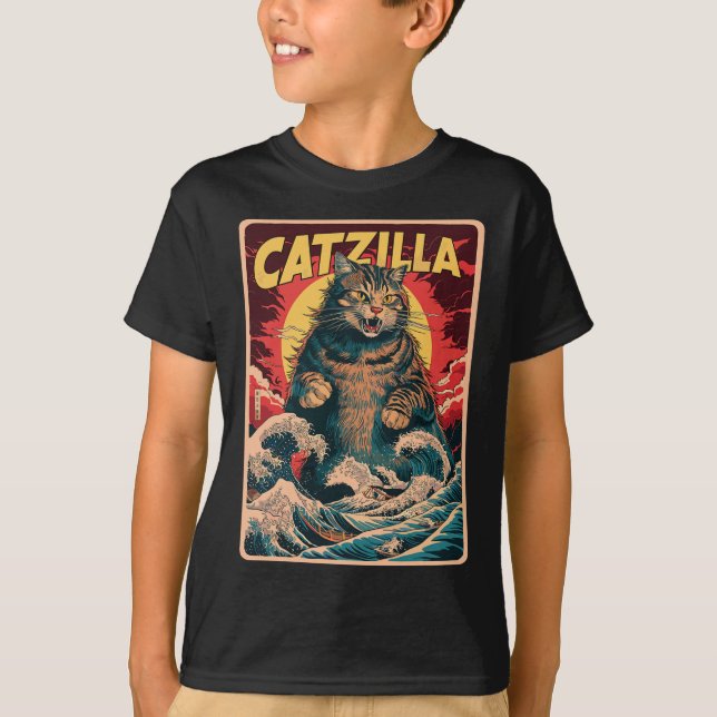 Camiseta Catzilla Gráfica divertida de gatos de arte japoné (Anverso)