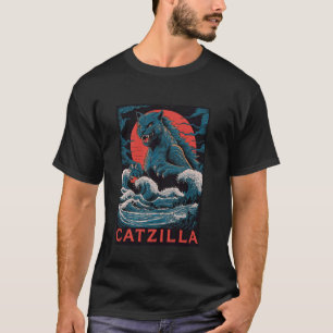 Camiseta Catzilla Monster Cat Retro Japón Great Wave Kan