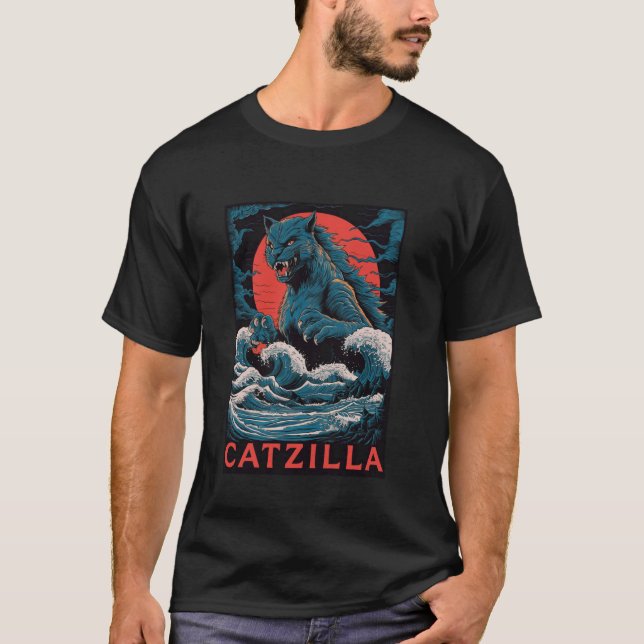 Camiseta Catzilla Monstruo Gato Retro Ola Grande Japonesa K (Anverso)