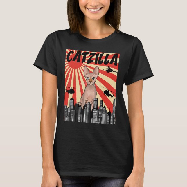 Camiseta Catzilla Sphynx Cat divertida retro japonesa (Anverso)