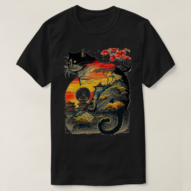Camiseta Catzilla Vintage Gracioso Gato Arte Japonés Sunse (Diseño del anverso)