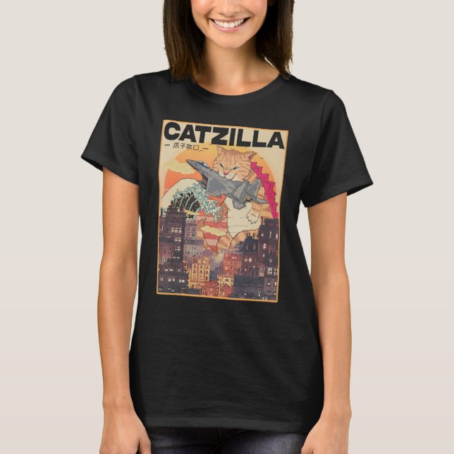Camiseta Catzilla Vintage Gracioso Gato Arte Japonés Sunse (Anverso)