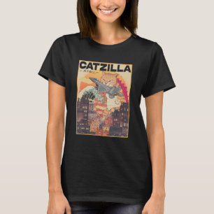 Camiseta Catzilla Vintage Gracioso Gato Arte Japonés Sunse