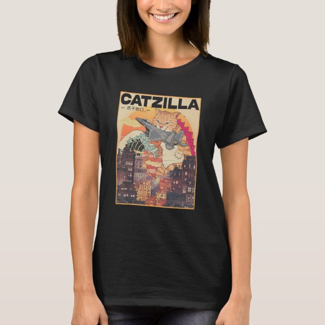 Camiseta Catzilla Vintage Gracioso Gato Arte Japonés Sunse (Anverso)