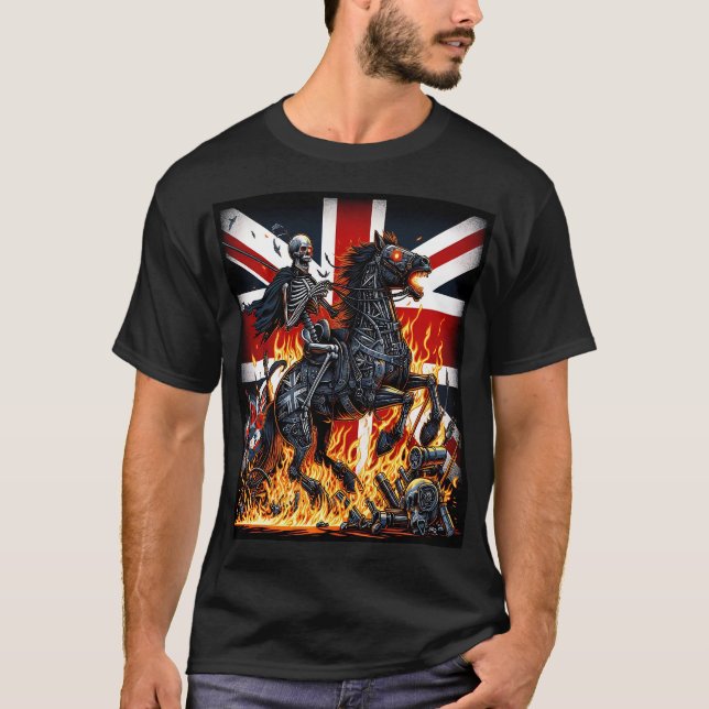 Camiseta Cavaleiro Esqueleto em Chamas  Bandeira Britânica (Anverso)