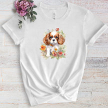 Cavalier King Charles Puppy Mascota Flor acuarela