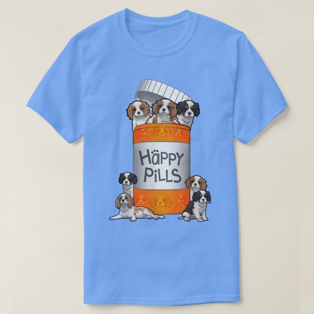 Camiseta Cavalier King Charles Spaniel Píldoras felices (Diseño del anverso)