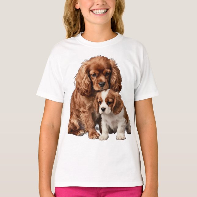 Camiseta Cavalier Spaniel Ruby y su cachorro Blenheim (Anverso)