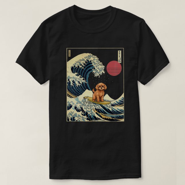 Camiseta Cavapoo Canagawa Japonés Wave Funny Surf Dog (Diseño del anverso)
