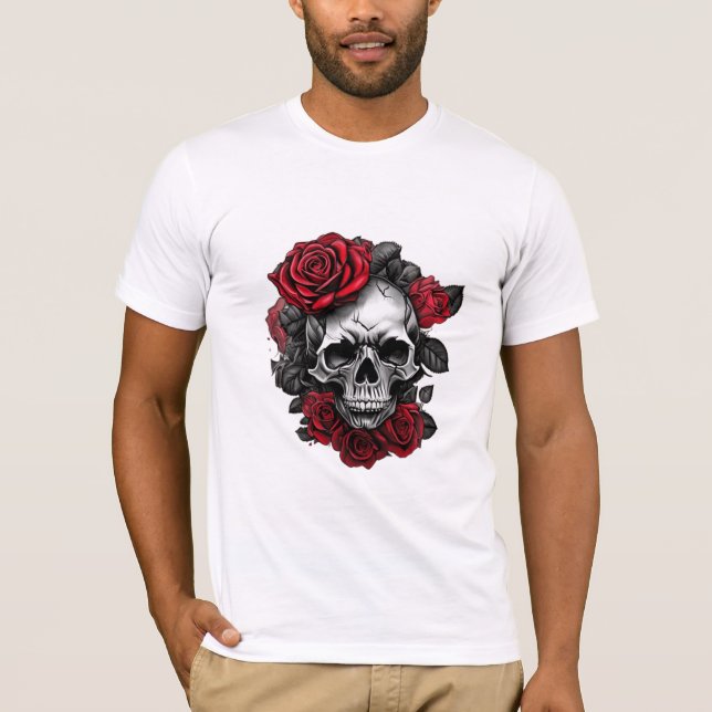 Camiseta Caveira com Rosas Vermelhas – Poder e Ele (Anverso)