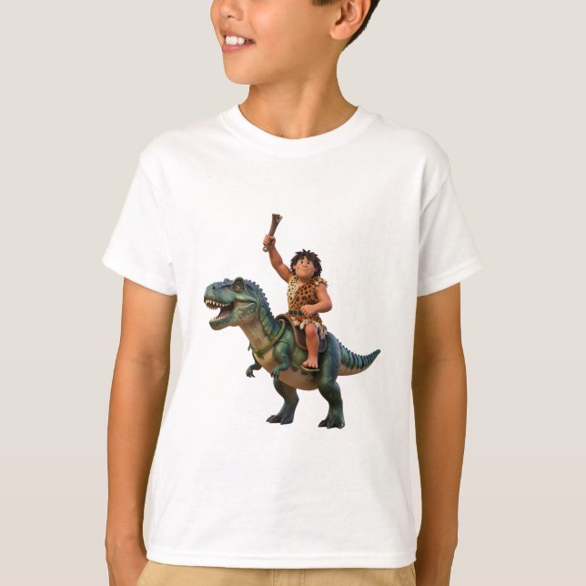 Camiseta Caveman Riding Dinosaur Cartoon Image (Anverso)
