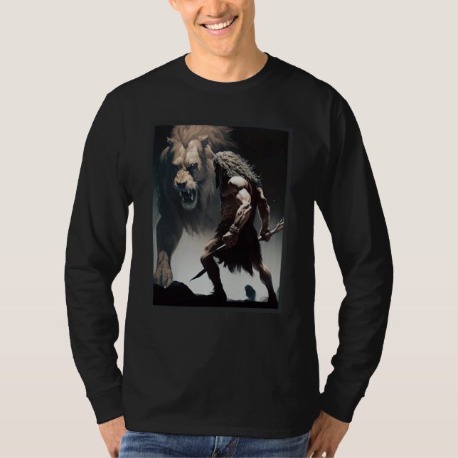 Camiseta Caveman Warrior with Friendly Lion chasing the sam (Anverso)