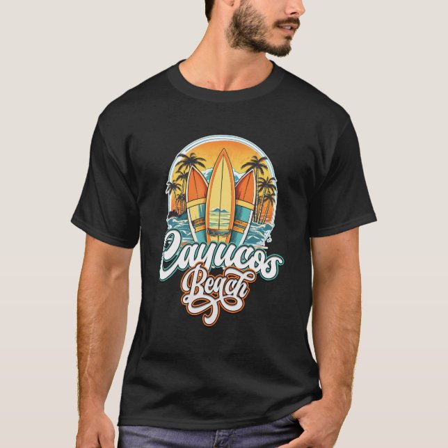Camiseta Cayucos Tres Surfboard Y Círculo De Palmeras (Anverso)