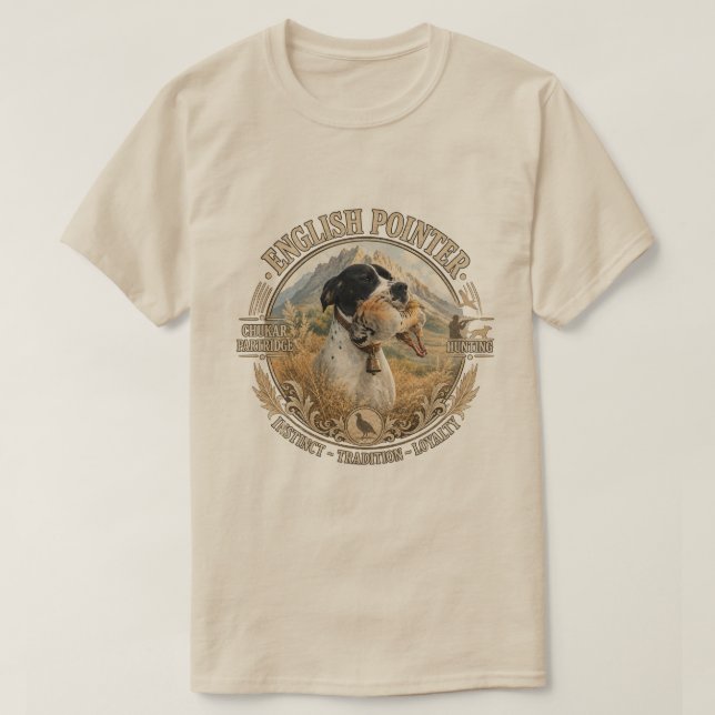 Camiseta Caza con Pointer Inglés, perdiz Chukar (Diseño del anverso)