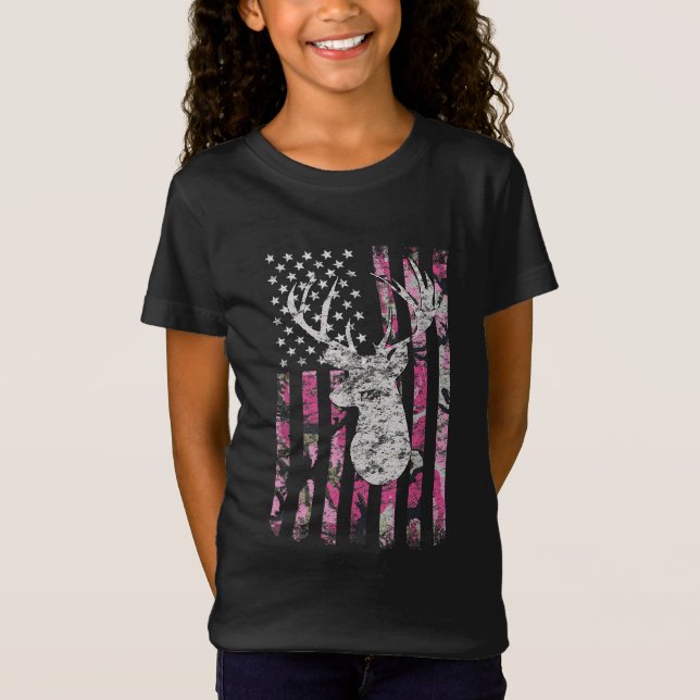 Camiseta Caza de ciervos Camo Bandera Americana Pink Buck (Anverso)