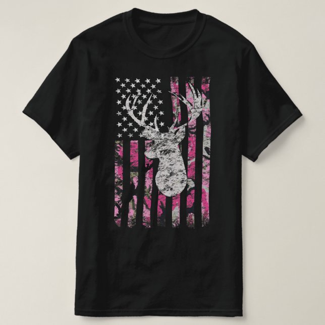 Camiseta Caza de ciervos Camo Bandera Americana Pink Buck  (Diseño del anverso)