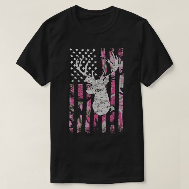 Camiseta Caza de ciervos Camo Camuflaje Rosa Bandera Americ (Diseño del anverso)