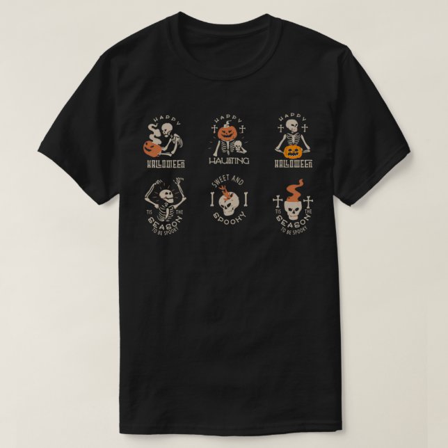 Camiseta Caza feliz con esqueletos espeluznantes y calabaza (Diseño del anverso)