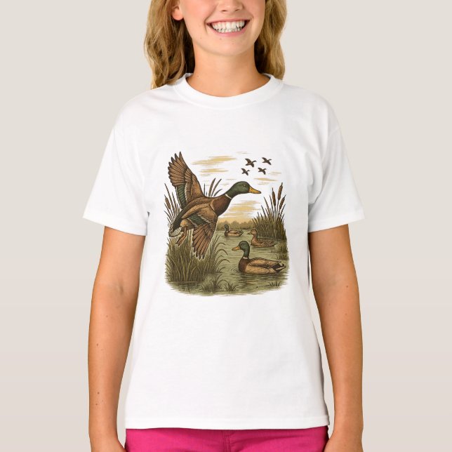 Camiseta Caza-Retro-Pato-Ánade-Real,  (Anverso)