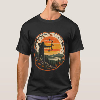 Camiseta Cazador con Arco Atardecer Retro en Bosque Otoñal