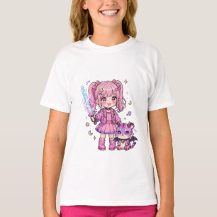 Camiseta Cazadora de demonios kawaii rosa linda con espada