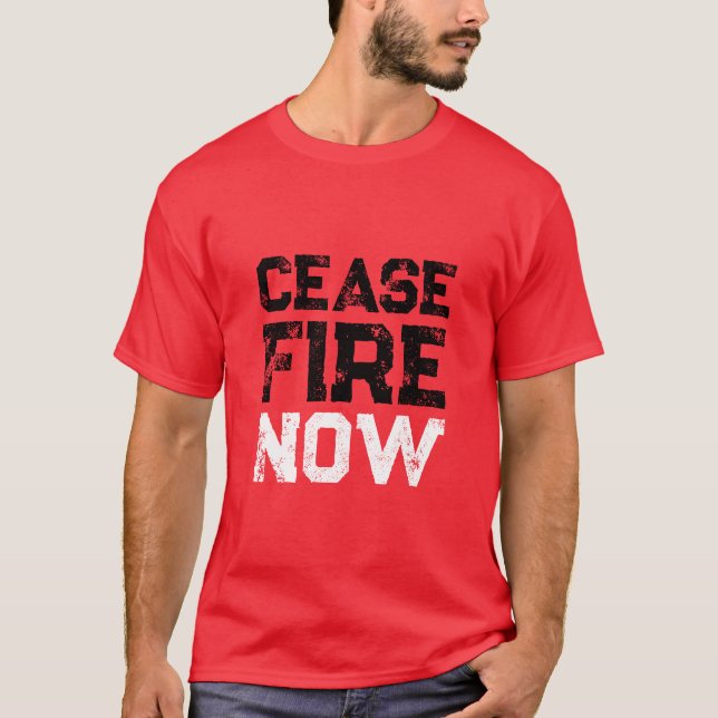 Camiseta Cease Fire Now blanco negro rojo angustiado contra (Anverso)