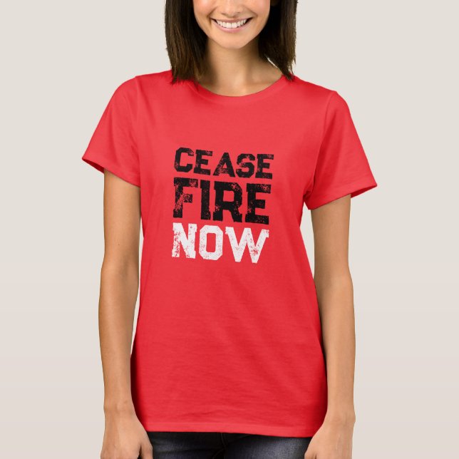 Camiseta Cease Fire Now blanco negro rojo angustiado contra (Anverso)