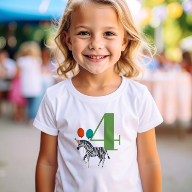 Camiseta Cebra de la fiesta de cumpleaños del año grande (Party Animals 4th Birthday t-shirt with zebra wearing a party hat and holding colorful balloons)