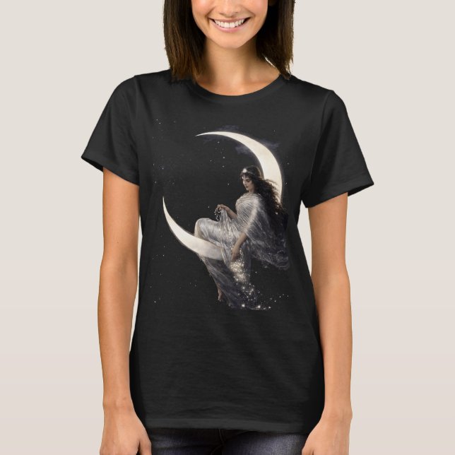 Camiseta Celestial Art Nouveau Woman on Crescent Moon (Anverso)
