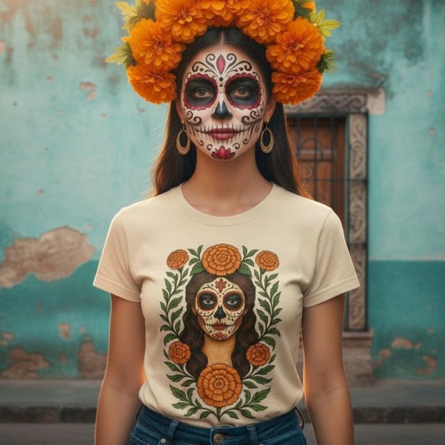 Camiseta Cempasúchil Aztec Marigolds Catrina Botánica (Cempasúchil Aztec Marigolds Botanical Catrina T-Shirt.)