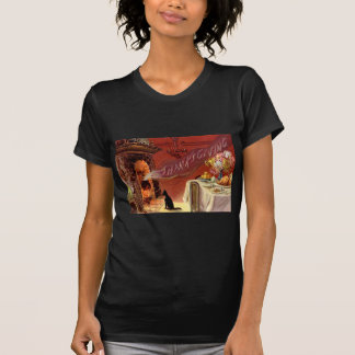 Camiseta Cena de Acción de Gracias Gato Negro Chimenea Pavo