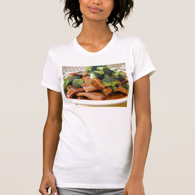 Camiseta Cena de la comida del bróculi de la carne de vaca (Anverso)