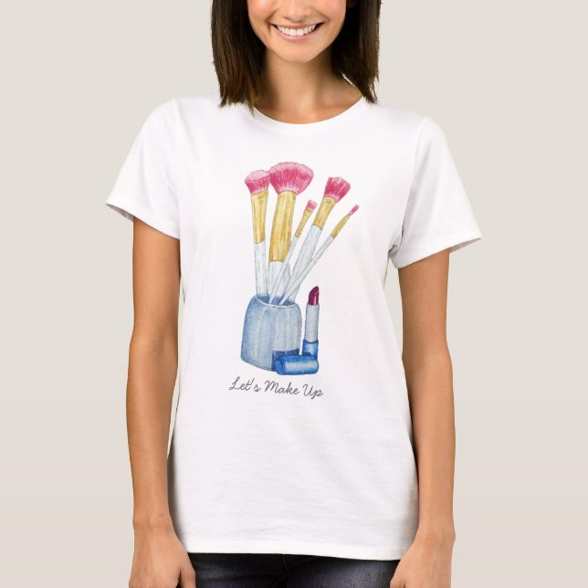 Camiseta cepillos del maquillaje en todavía del tenedor (Anverso)