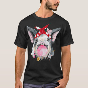 Camiseta Cerdo acuarela divertida con Bubblegum y Bandan Ro