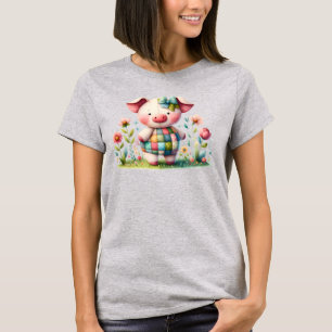 Camiseta Cerdo caprichoso de patchwork en jardín floral