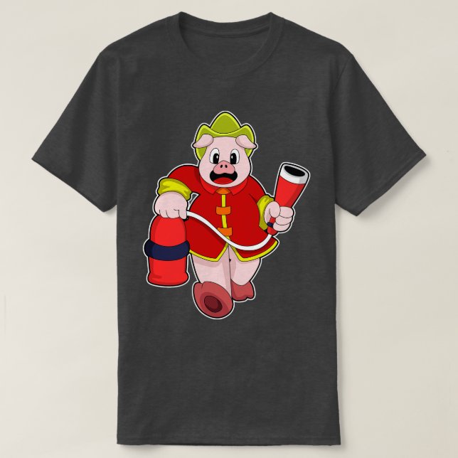 Camiseta Cerdo como bombero con extinguidor de incendios (Diseño del anverso)